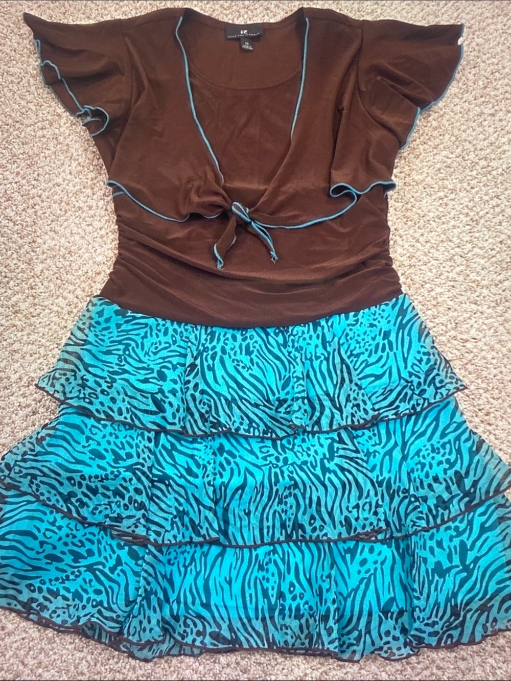 Iz Byer Brown Top with Teal Tiered Animal-Print Skirt